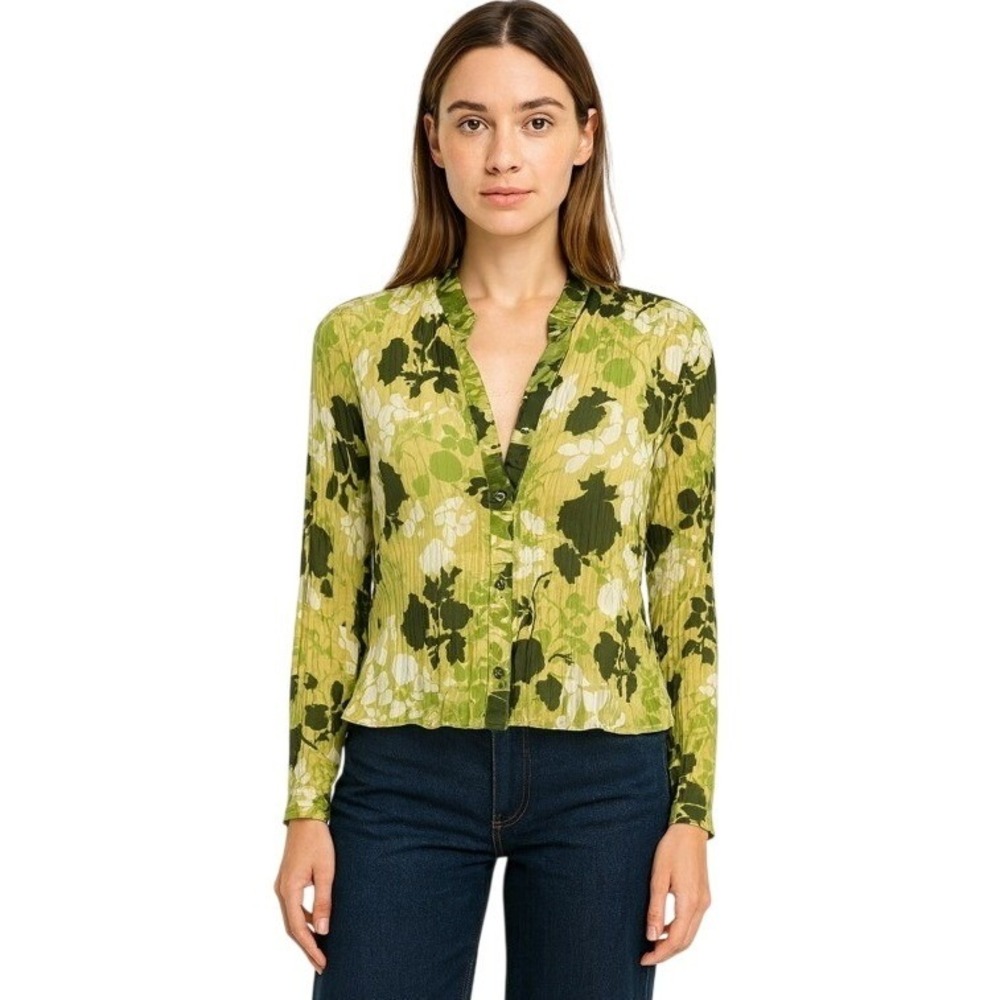 Y2K Womens Floral Print Blouse Green White Black Pleated Long Sleeve Button Up‎